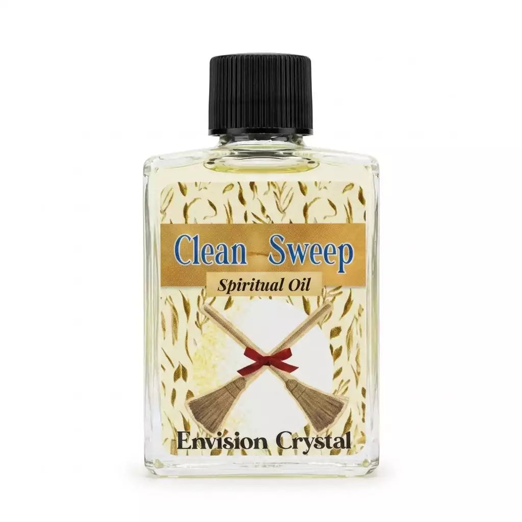 Clear 4-dram bottle of Envision Crystal Clean Sweep ritual oil for purification, space clearing, and energetic reset anointing workings.