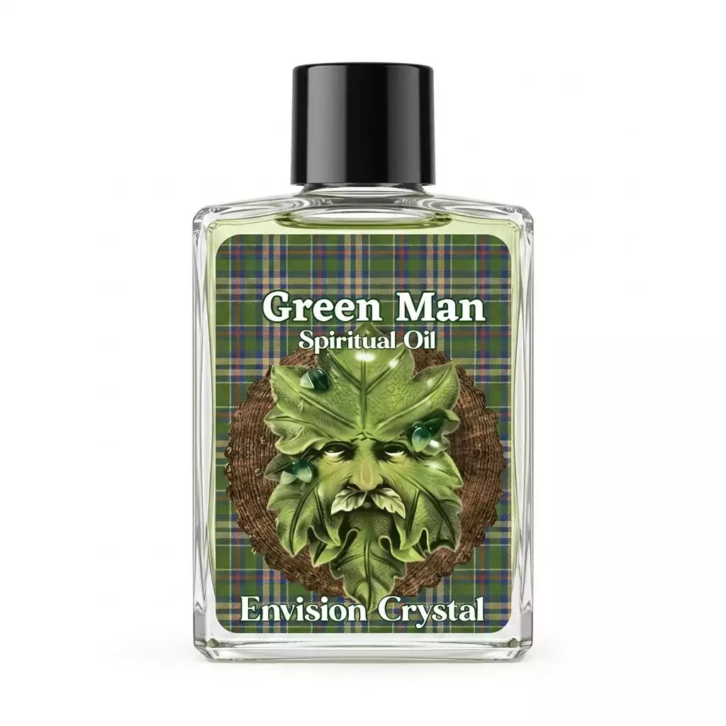 Clear 4-dram bottle of Envision Crystal Green Man anointing oil with label featuring a green face surrounded by leaves, for nature magic and Beltane rituals.
