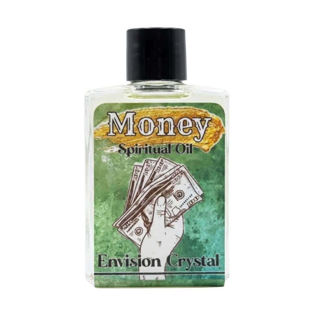 Green Money ritual oil bottle with a hand holding cash design — 4-dram Envision Crystals prosperity anointing oil on a green prosperity-themed background.