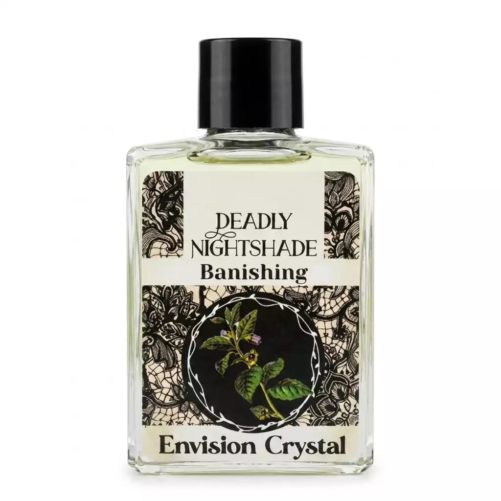 Clear 4-dram bottle of Envision Crystal Nightshade Banishing Oil with black lace detail and botanical nightshade illustration label, for cord-cutting and banishing rituals.
