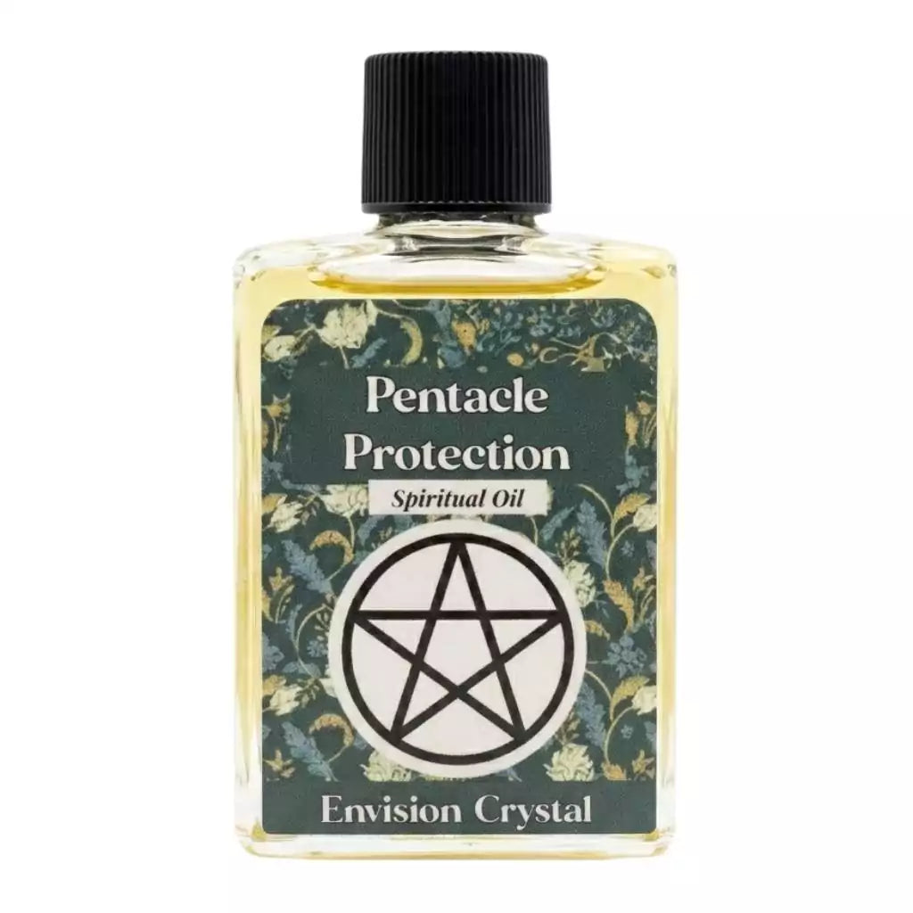 4-dram bottle of Pentacle Protection ritual oil by Envision Crystal with Blessed With Magic label and pentacle decoration — Wiccan protection anointing oil.