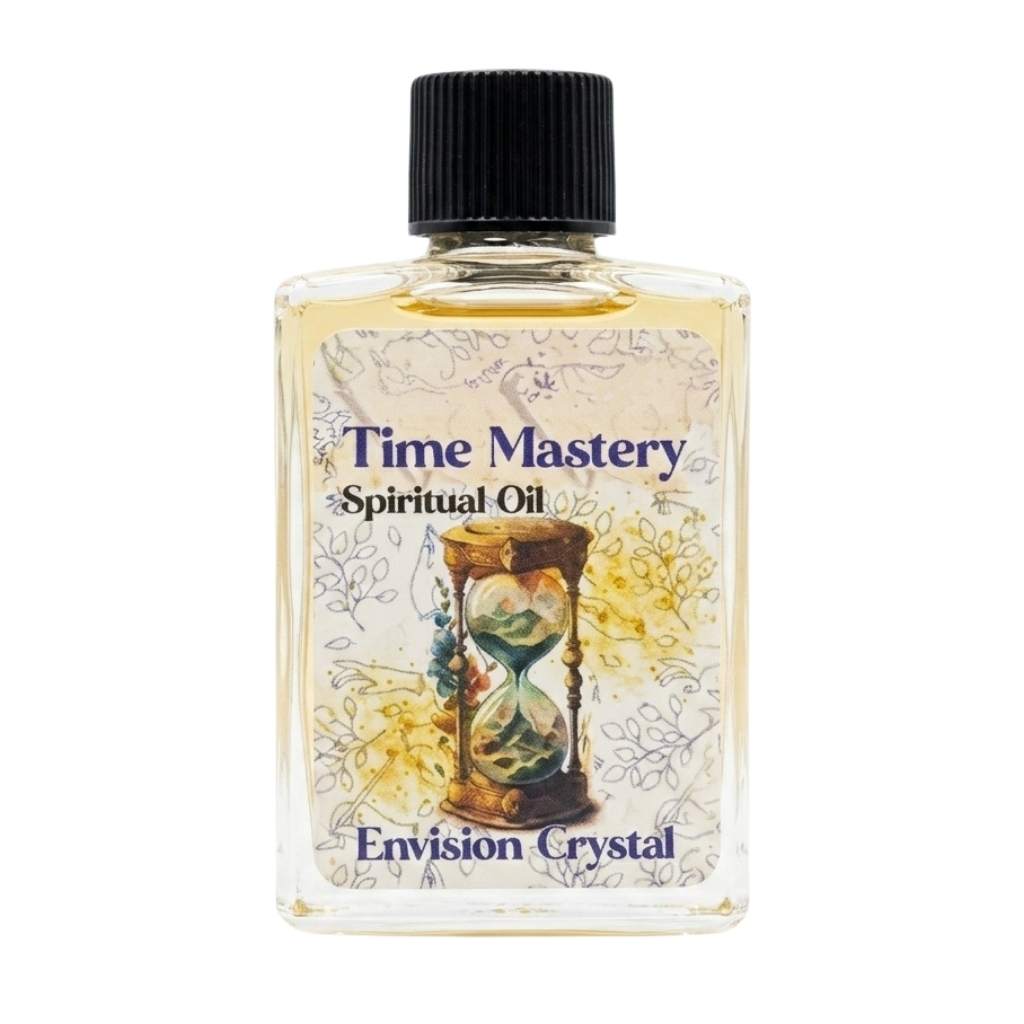 Bottle of Time Mastery spiritual oil 4 dram by Envision Crystals with hand-lettered label for focus and ritual anointing