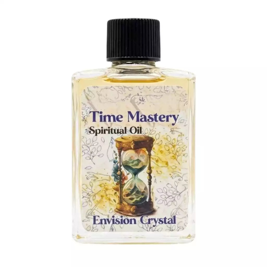 Bottle of Time Mastery spiritual oil 4 dram by Envision Crystals with hand-lettered label for focus and ritual anointing
