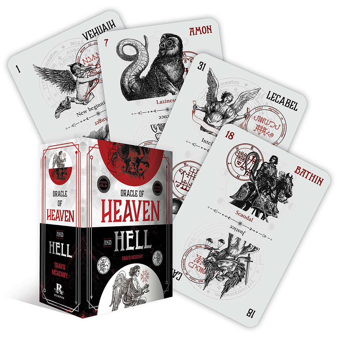 Oracle of Heaven and Hell deck with illustrated character cards featuring divine and mythological figures, Stacey Demarco 72-card deity oracle deck with box.