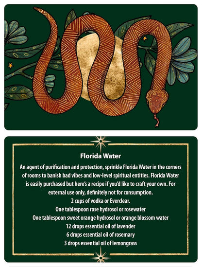 Protection Spells card featuring a snake with foliage and a recipe for creating Florida Water for spiritual cleansing.