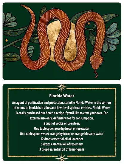 Protection Spells card featuring a snake with foliage and a recipe for creating Florida Water for spiritual cleansing.