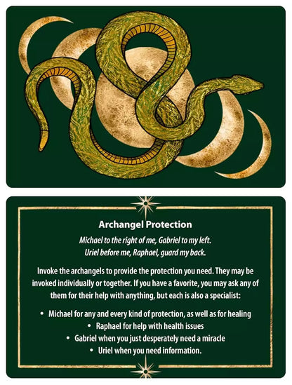 Protection Spells card featuring a green snake coiled around a circular emblem surrounded by crescent moons symbolizing warding.