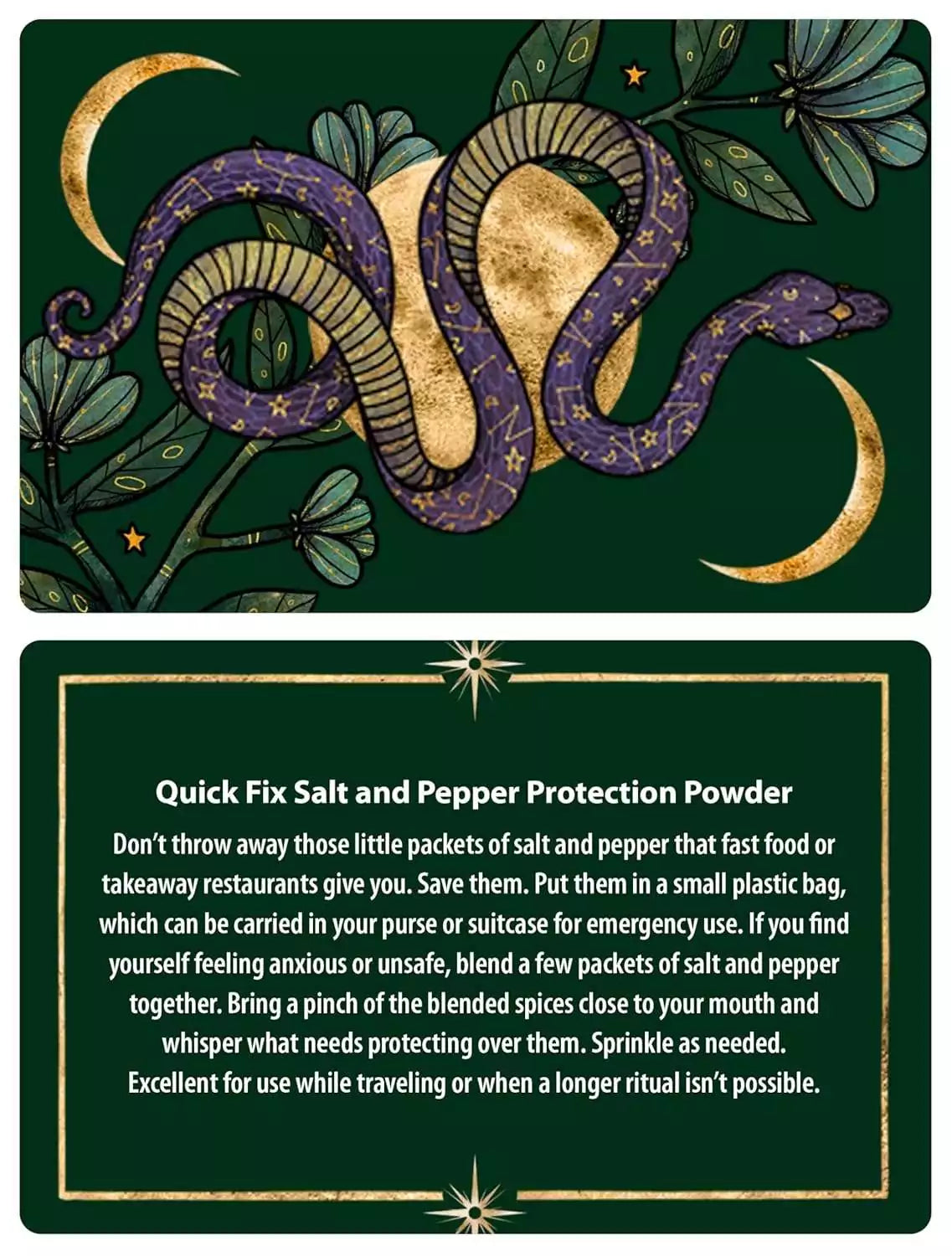Protection Spells card front showing a purple snake intertwined with green leaves and crescent moons with descriptive text.