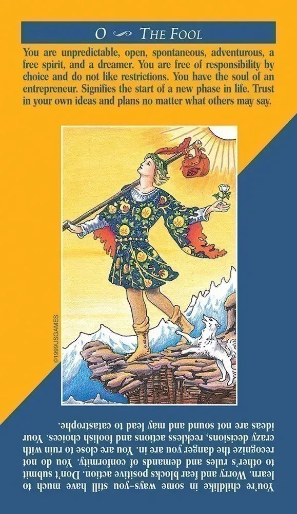 The Fool tarot card from the Quick and Easy Tarot Deck — carefree figure on a rocky cliff with bright sky, showing printed upright and reversed keyword meanings on card face.