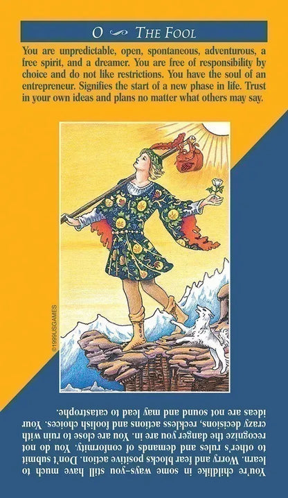The Fool tarot card from the Quick and Easy Tarot Deck — carefree figure on a rocky cliff with bright sky, showing printed upright and reversed keyword meanings on card face.