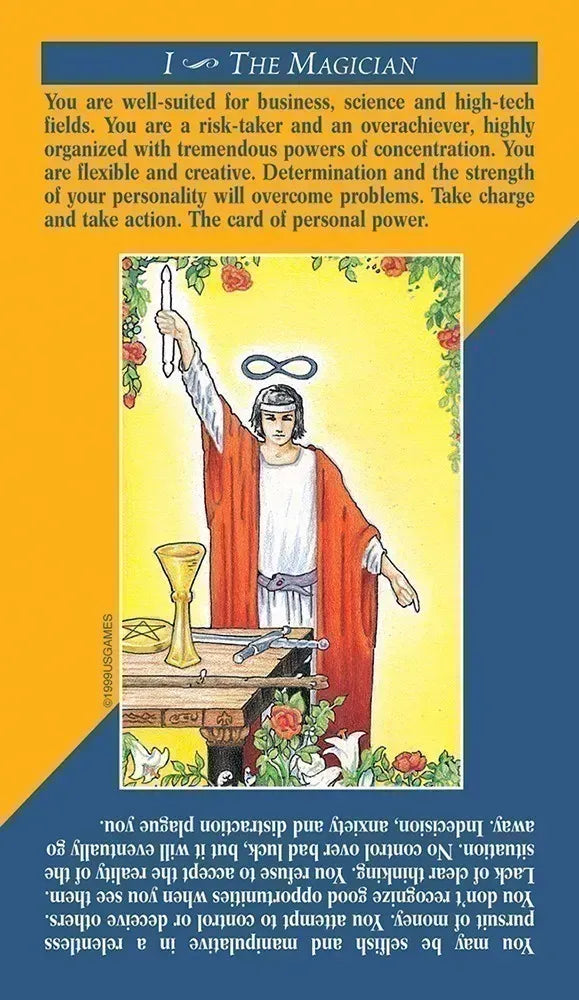 The Magician tarot card from the Quick and Easy Tarot Deck — figure in white shirt and red cloak with wand and ritual tools, showing printed keyword text on the card.