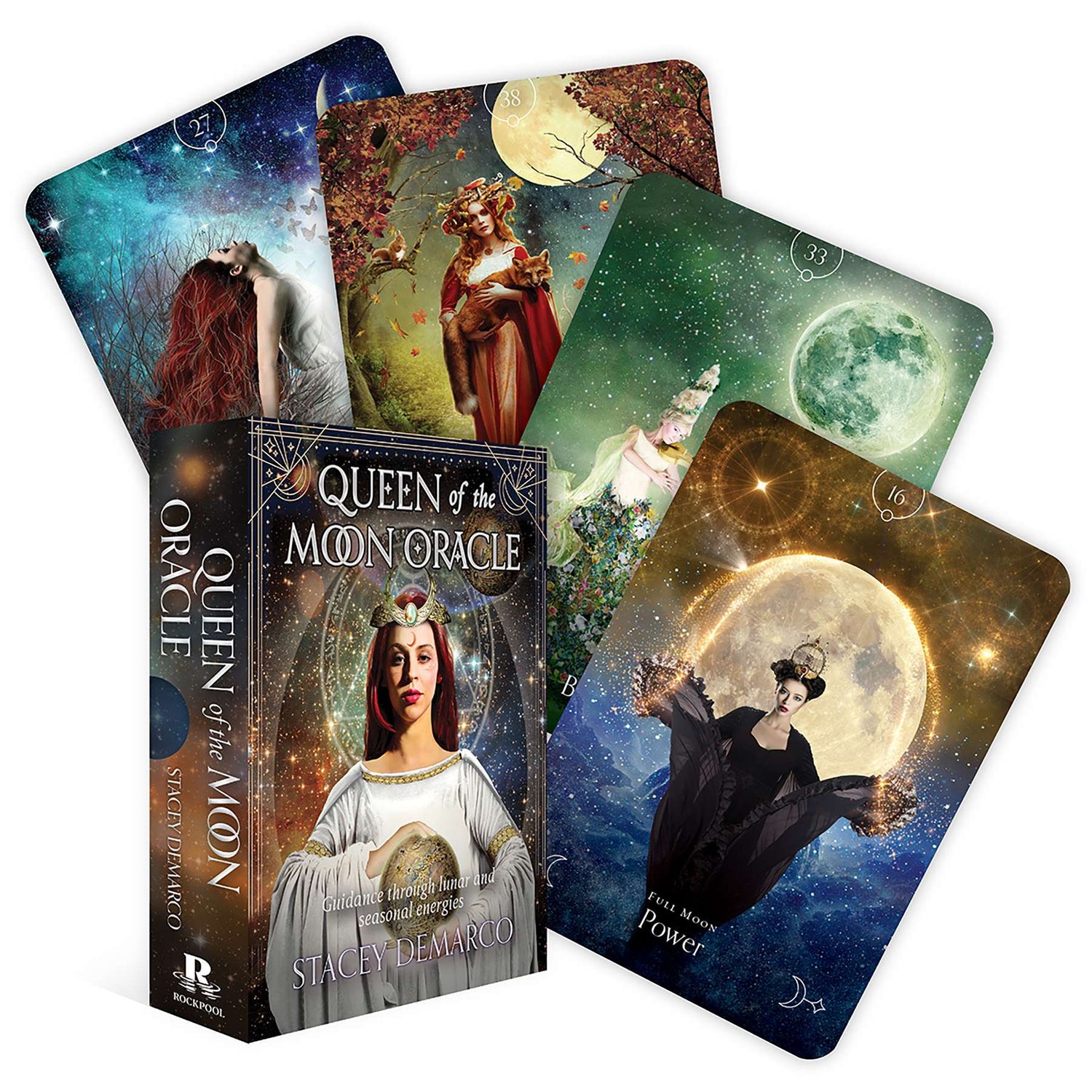 Queen of the Moon Oracle deck set showing multiple illustrated cards with lunar goddesses and moon phase imagery