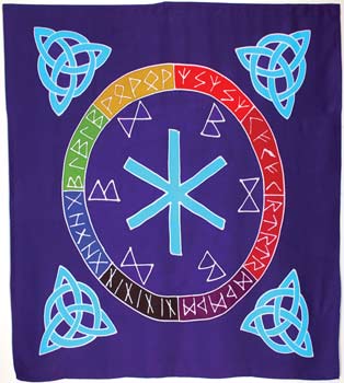 Rune Mother Altar Cloth 36 by 36 inches — Norse goddess Mother of Runes printed altar cloth with healing and luck runes surrounding the divine feminine figure.