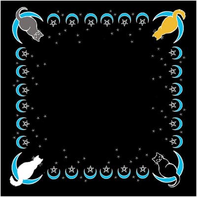 Moon Cat Altar Cloth 36 by 36 inches — colorful witchy altar cloth featuring cats perched on crescent moons with stars, usable as altar base, ceremonial scarf, or wall hanging.