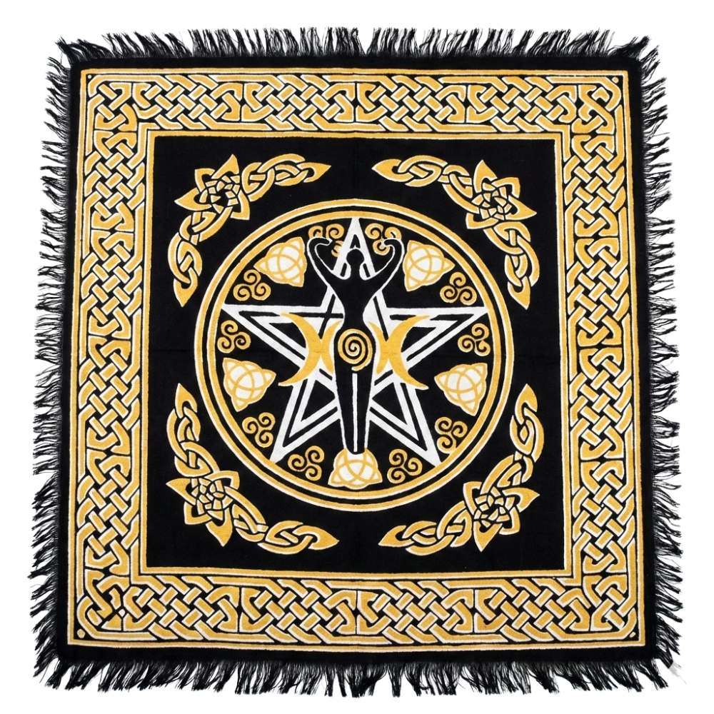 Square altar cloth with a central pentagram star design surrounded by intricate Celtic knotwork patterns in gold and black on a dark background, 18x18 inches.