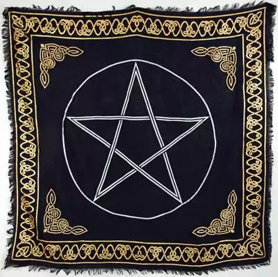 Black 36x36 inch rayon altar cloth with silver pentagram at center and gold-bordered Celtic decorative edge — full Wiccan working surface by AzureGreen.