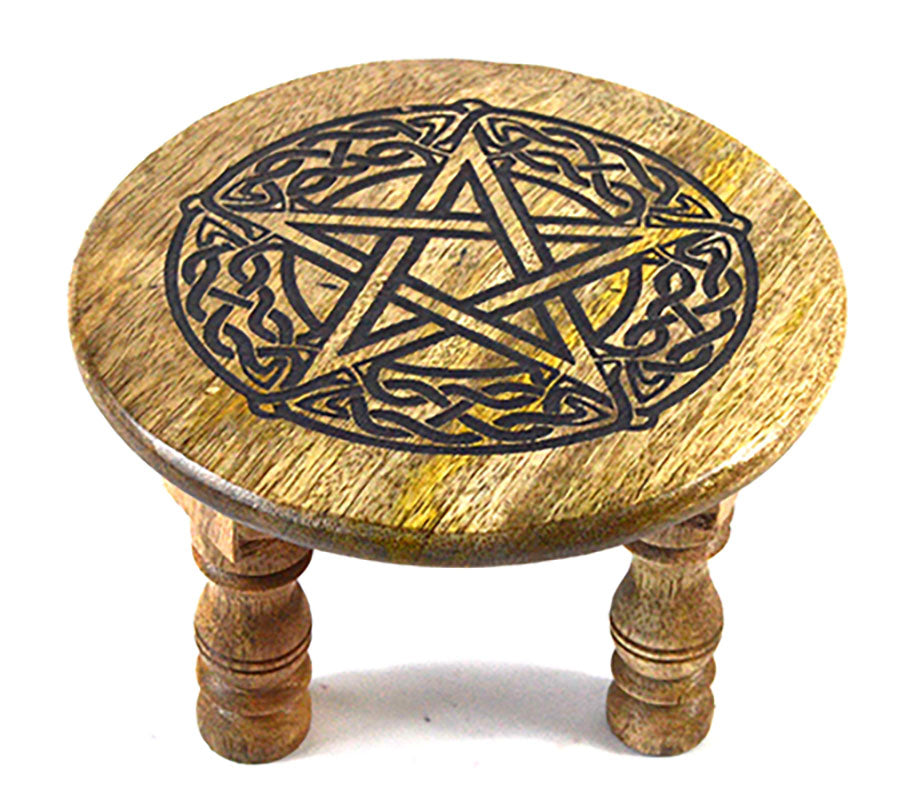 Pentagram altar table 6 inch diameter by 4 inch tall wooden ritual stand with carved pentagram surface for elevating altar tools and candles