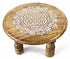 6-inch round wooden altar table engraved with the Flower of Life sacred geometry pattern — natural wood finish for crystal grids and altar use.