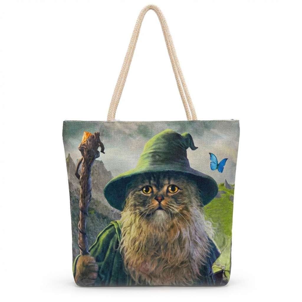 17x17 inch Catdalf wizard cat canvas tote bag with fun witchy design for carrying tarot decks crystals and spiritual books