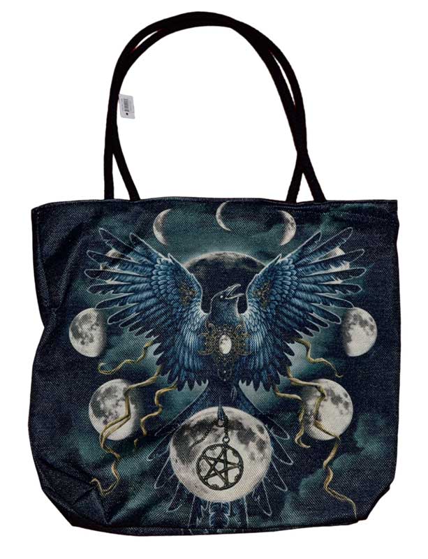 Sinister Crow tote bag 17x17 inch — large canvas market bag featuring a dramatic crow or eagle design for gothic witchcraft aesthetic daily carry.