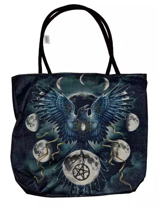 Sinister Crow tote bag 17x17 inch — large canvas market bag featuring a dramatic crow or eagle design for gothic witchcraft aesthetic daily carry.