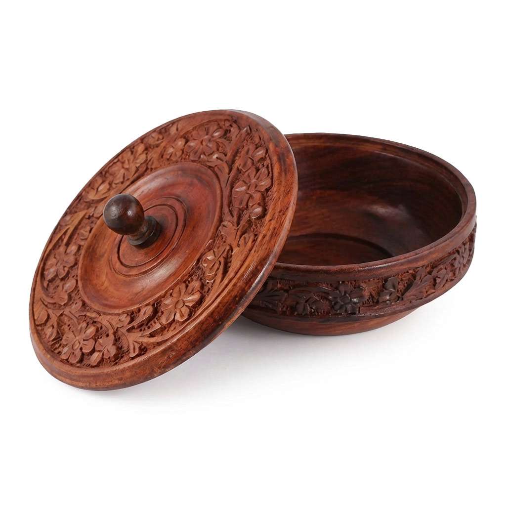 Hand-turned wooden ritual bowl with fitted lid, used as an altar vessel for herbs, offerings, crystals, and sacred ingredients.