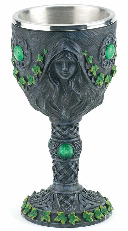 Maiden, Mother &amp; Crone Triple Goddess chalice 7.5 inch — decorative ritual goblet with ivy motifs, flowing figure with green accents, and metallic interior for Wiccan altar and ceremony use.
