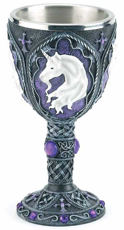 A 7.5-inch decorative ritual chalice featuring a white unicorn design against a purple background with Celtic and Gothic styling — a Wiccan ceremonial goblet for altar and ritual use.