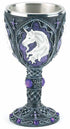 A 7.5-inch decorative ritual chalice featuring a white unicorn design against a purple background with Celtic and Gothic styling — a Wiccan ceremonial goblet for altar and ritual use.