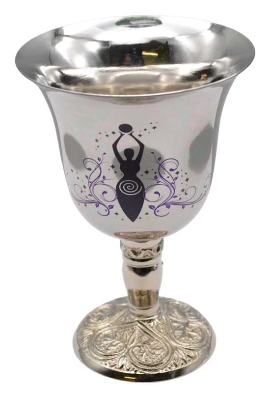 Decorative silver stainless steel chalice with stylized earth goddess figure design for Wiccan ritual libation and altar use