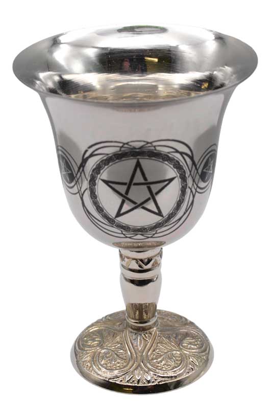Stainless steel ritual chalice with a pentagram etched on the cup, ornate detailed stem, and a stable weighted base for altar use.