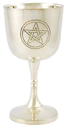 Pentagram chalice 4 inches tall — small ritual cup with pentagram embossed design, shown at full height for travel altar and portable Wiccan ceremonial use.
