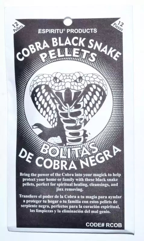 Black and white Cobra Black Snake Pellets packaging featuring a cobra illustration and bilingual English/Spanish text for the ritual fire curio.
