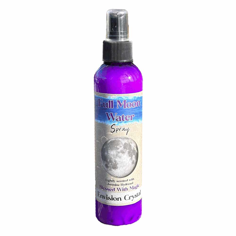 A purple spray bottle labeled "Full Moon Water Spray," designed for use with crystals. The label features an illustration of a full moon.