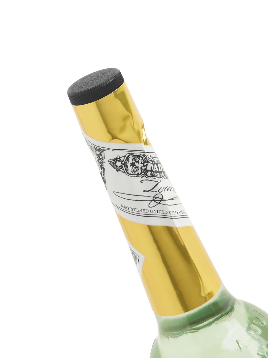 Close-up of Murray and Lanman Florida Water bottle neck with gold foil cap and label — original spiritual cleansing cologne ritual wash.