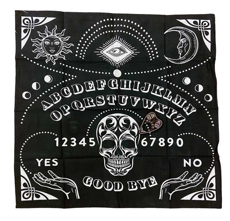 24x24 inch black Ouija board mat spread flat — showing full spirit communication layout with alphabet and numbers printed on matte black altar cloth.