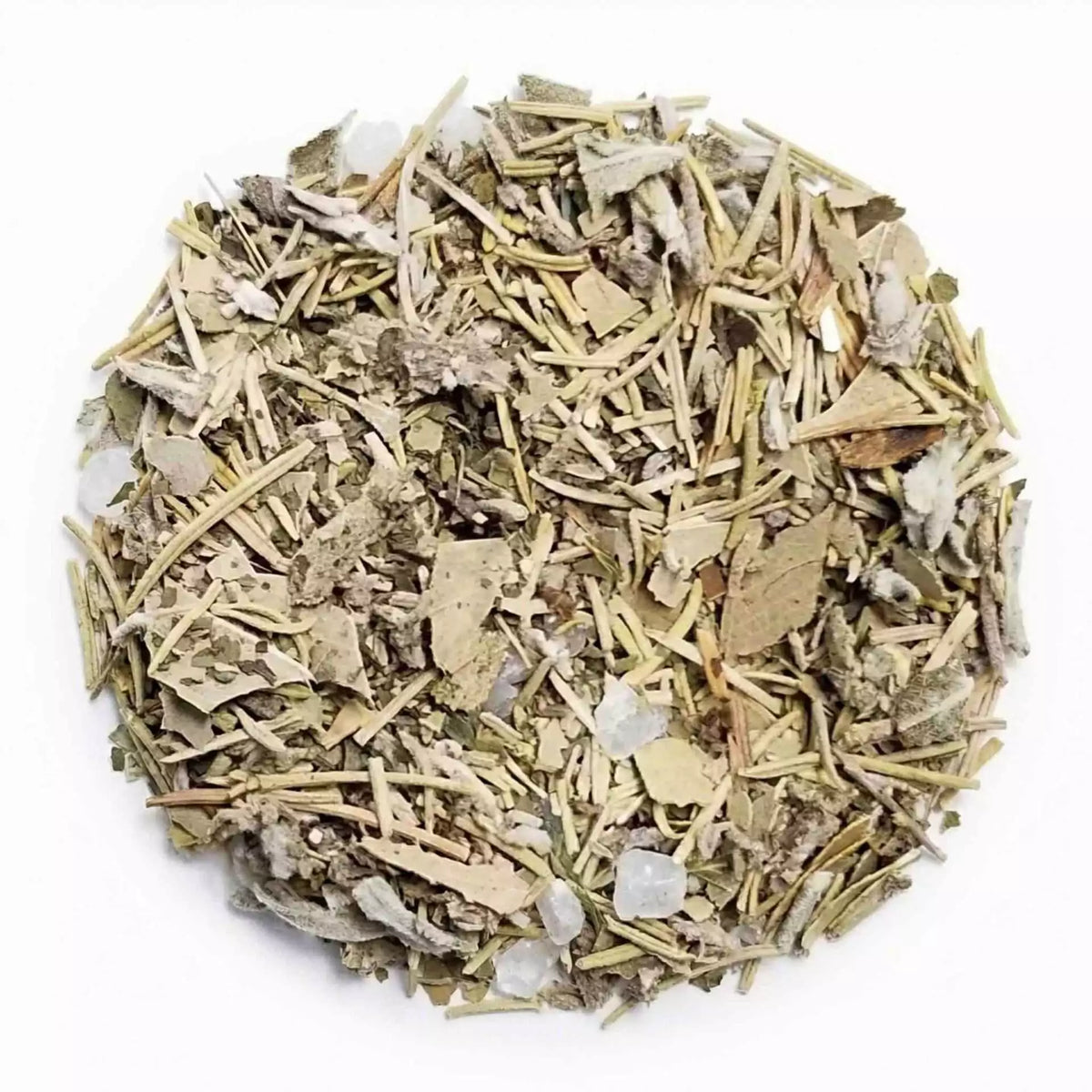 Round pile of herbal blend with pale green leaves and white crystals.