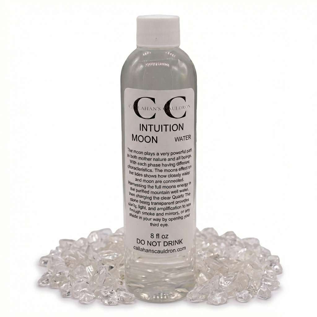 A clear bottle labeled "Intuition Moon Water" sits on a bed of small, shiny crystals. The label includes usage instructions and a warning not to drink the contents.