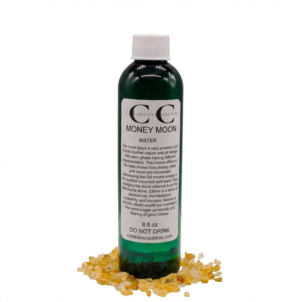 A green bottle labeled "Money Moon Water" surrounded by yellow crystals. The bottle contains liquid and includes a warning not to drink.