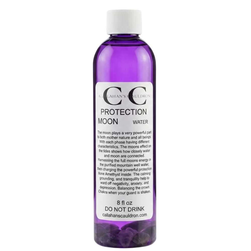 A purple bottle labeled "Protection Moon Water" with a warning not to drink it, containing eight ounces of liquid. The label describes its intended use for spiritual or protective purposes.