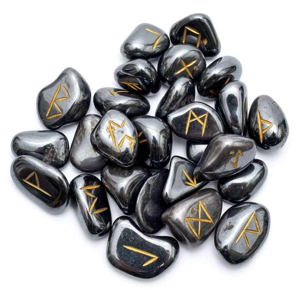 Hematite rune set showing 25 carved Elder Futhark rune stones in polished dark silver hematite displayed with rune symbols facing up.