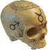 Mystic Skull statue 6.5 inches tall in cold cast resin — human skull covered in engraved alchemical symbols, pentacles, and occult emblems for shadow work and gothic altar display.