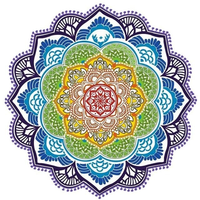 Rainbow Chakra Lotus-Shaped Meditation Towel with Purple Tassels