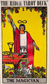 Rider-Waite Tarot Magician card showing a robed figure with one arm raised holding a wand above an altar bearing the four suit symbols.