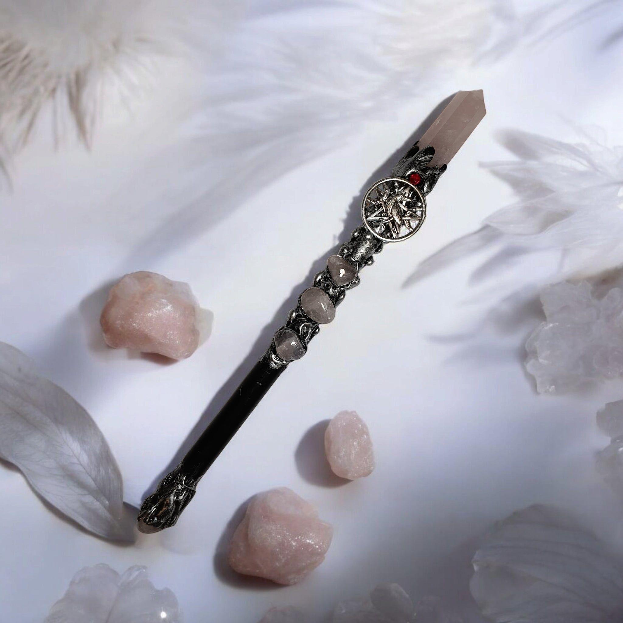 Rose Quartz &amp; Raven Wand – Crystal Magick for Self-Love, Healing &amp; Transformation