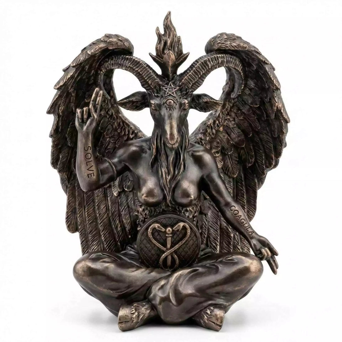 Large 24-inch bronze finish Baphomet statue with goat head, wings, and esoteric duality symbolism for ceremonial magic and occult altar display.