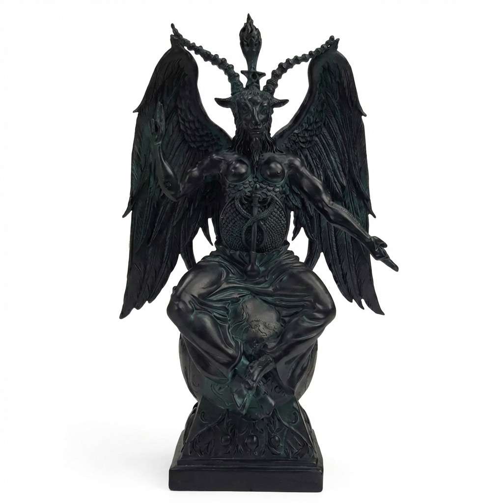 Large 14.5-inch Baphomet Black Statue — The Nigredo Equilibrium — cold cast resin occult figure with winged, enthroned pose finished in matte black with alchemical symbol details.