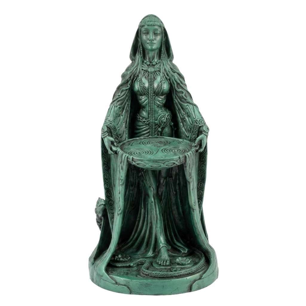 Hand-painted resin statue of Celtic Goddess Danu, the mother of the Tuatha De Danann, depicted for altar use and Celtic pagan devotion.