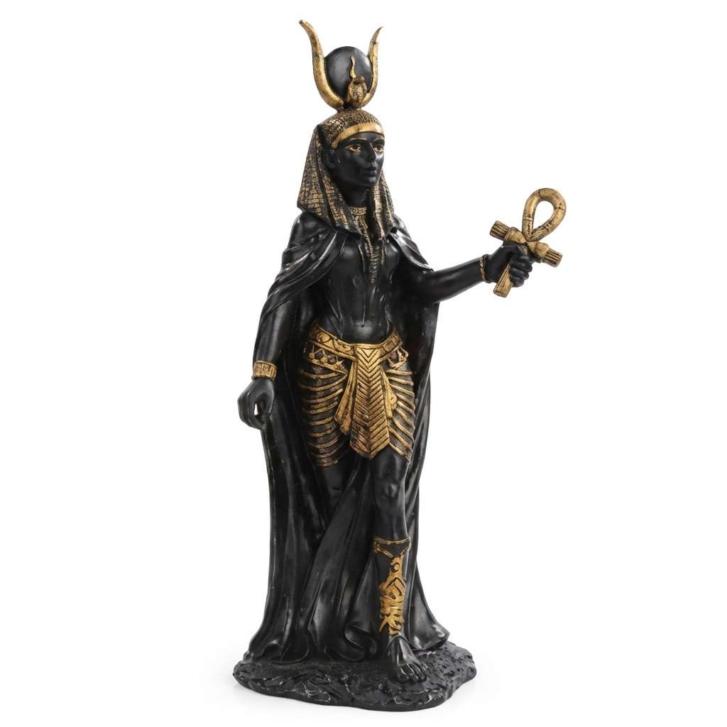 Eleven inch Hathor Egyptian goddess of love beauty and joy statue with cow horns and sun disk for altar devotion and Egyptian pagan practice