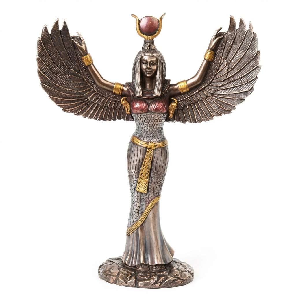 Silver finish Egyptian Isis goddess of magic and motherhood winged statue for deity altar Egyptian pagan practice and lunar ritual devotion